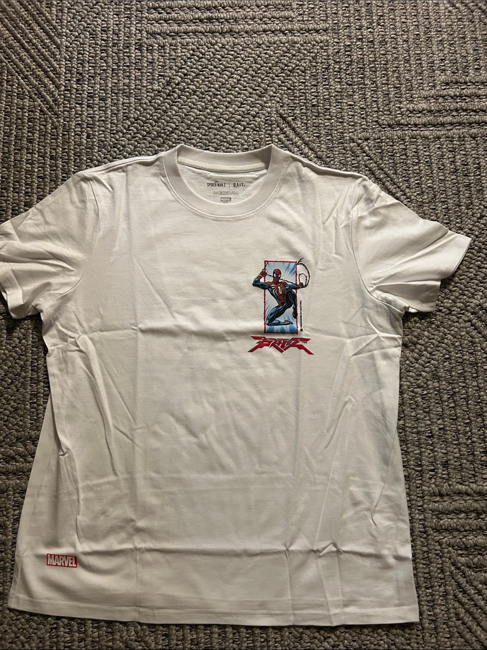 Marvel White Tee with Spider-Man & BAIT Chest Art NWOT